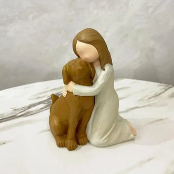 Girl Hugging Dog Resin Statue
